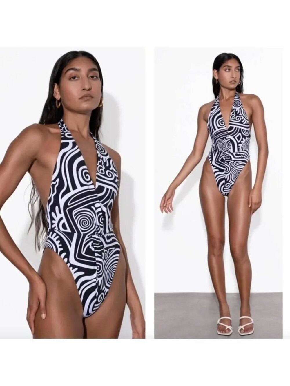 Mara Hoffman Gabriela One Piece Swimsuit Cosetta Black White Womens Size XS